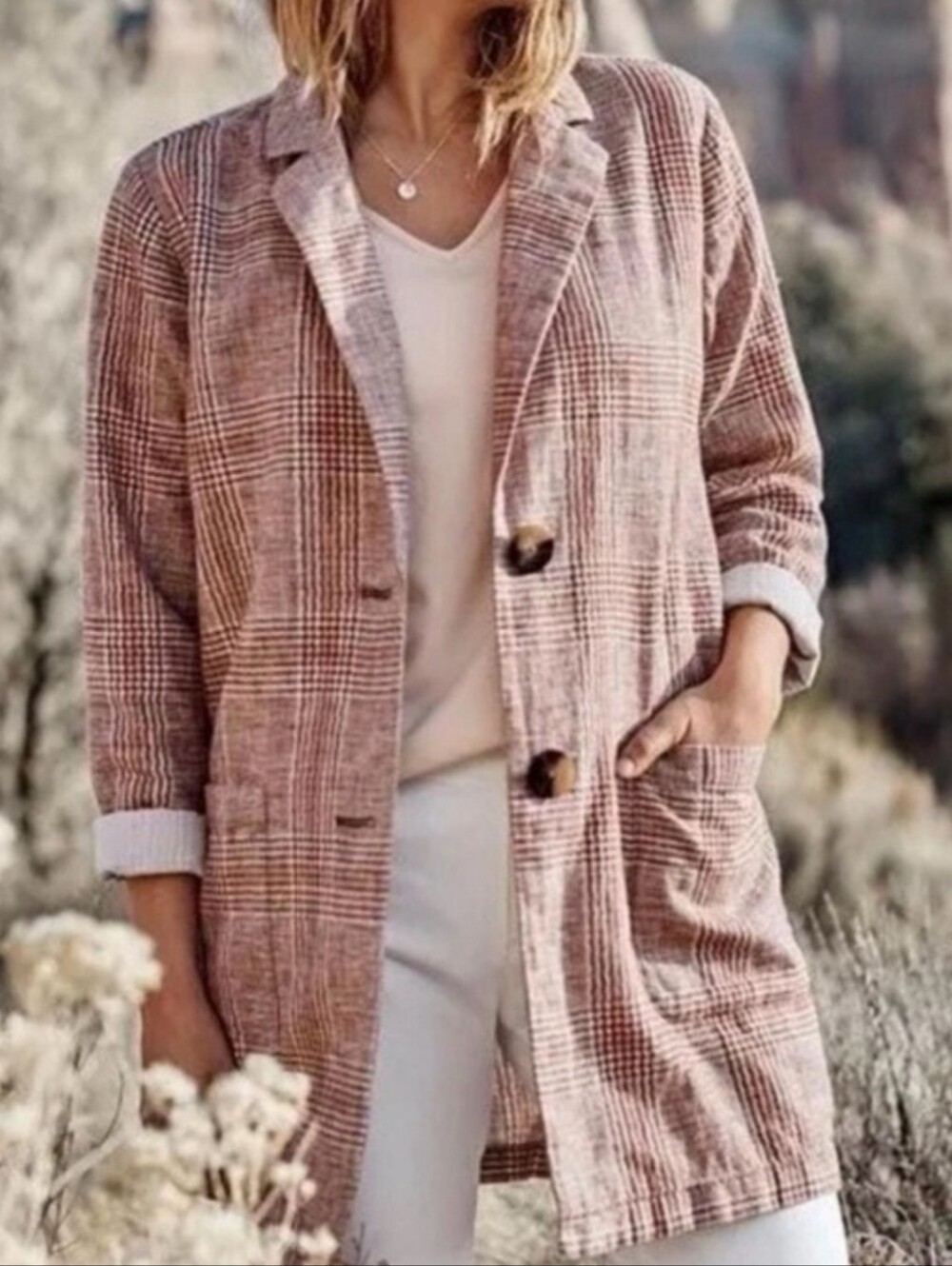 J. Jill Harper Linen Cotton Plaid Oversize Blazer